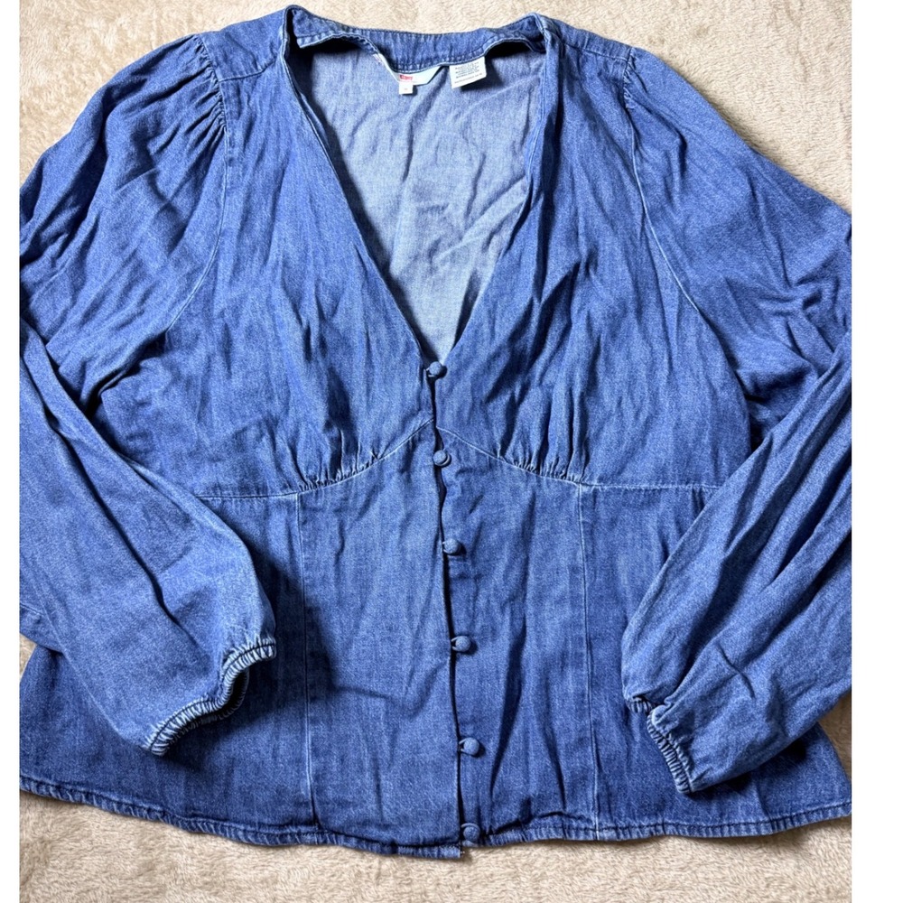 Levis Womens 1X Blue Denim V-Neck Button Front Peplum Blouse Western Butter Mom